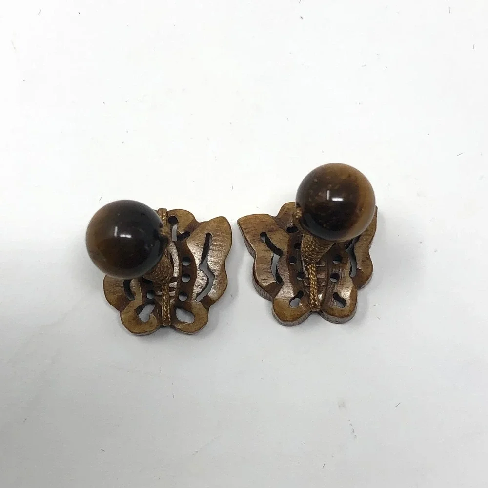 Shings Butterfly Wooden Cufflinks Unisex Brown Beaded Backs Career Wedding Boho